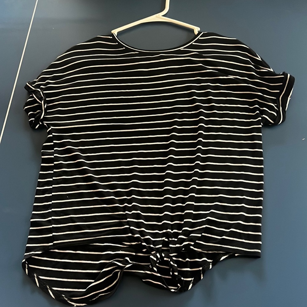 Black and white Striped T shirt with tie at bottom